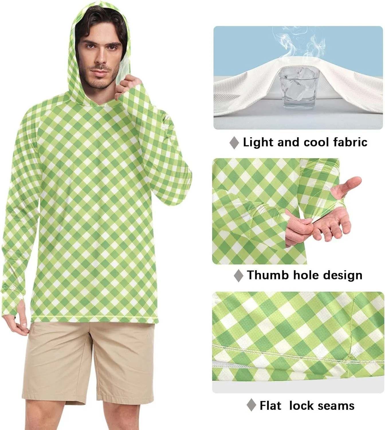 Plaid Sun Shirt Hoodie for Men Long Sleeve UPF 50 Mens Sun Shirt Adult Rash Guards Rashguard for Men