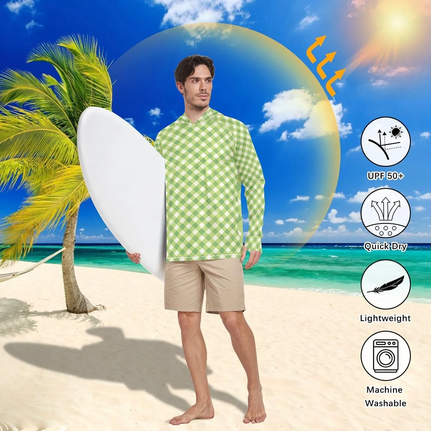 Plaid Sun Shirt Hoodie for Men Long Sleeve UPF 50 Mens Sun Shirt Adult Rash Guards Rashguard for Men