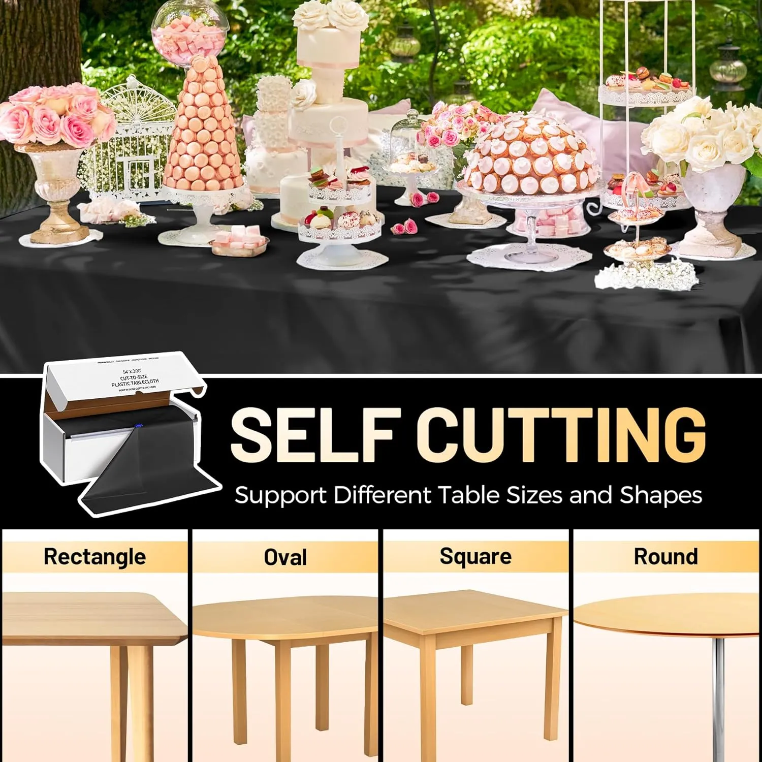 Plastic Table Cloth Disposable, 54In X 300Feet Black Table Cover Roll, Disposable Tablecloth with Slide Cutter for Rectangle Round Tables, Party Tablecloths for Birthday, Wedding, Picnic, Outdoor