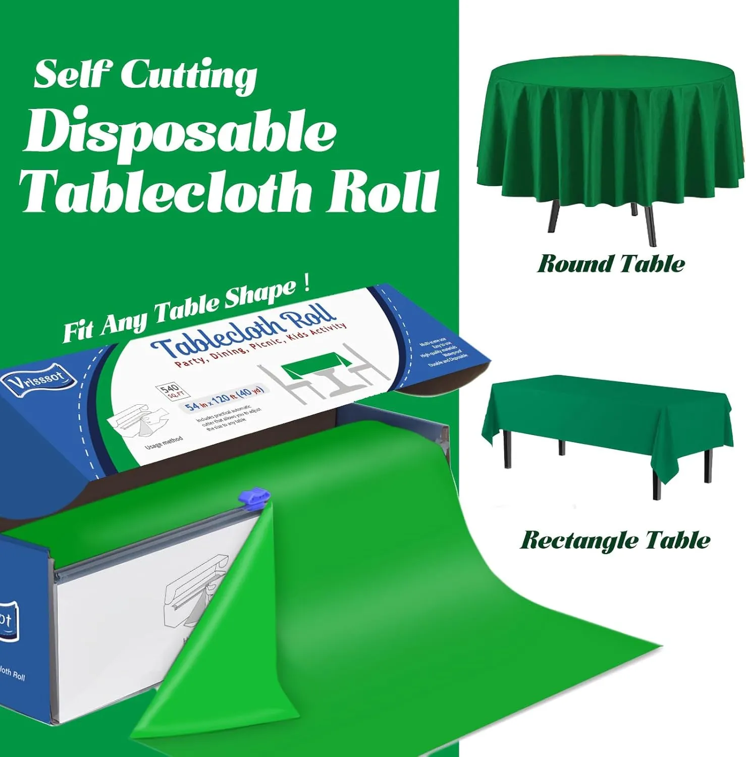Plastic Table Cover Roll Disposable Tablecloth: 54in X 120ft Table Covers Plastic Table Cover Roll with Easy Slide Cutter Plastic Table Cloths for Parties Disposable-Green