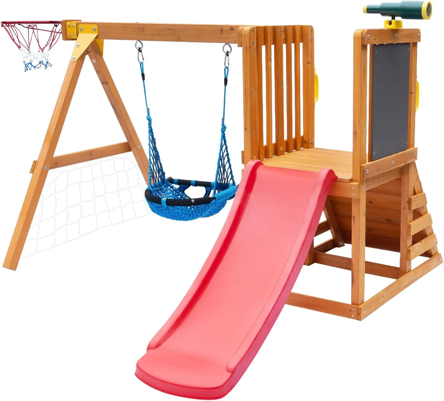 Playground Sets for Backyards,Toddler Slide and Swing Set with Basketball Hoop for 3-6 Years Kids, Toddler Climber, Football Net, Telescope, Drawing Board, Perfect Wooden Playsets