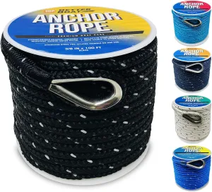 Premium Boat Anchor Rope, 100 Ft Double Braided Black Nylon Marine Line, 3/8 Inch Reel for Anchors and Boats