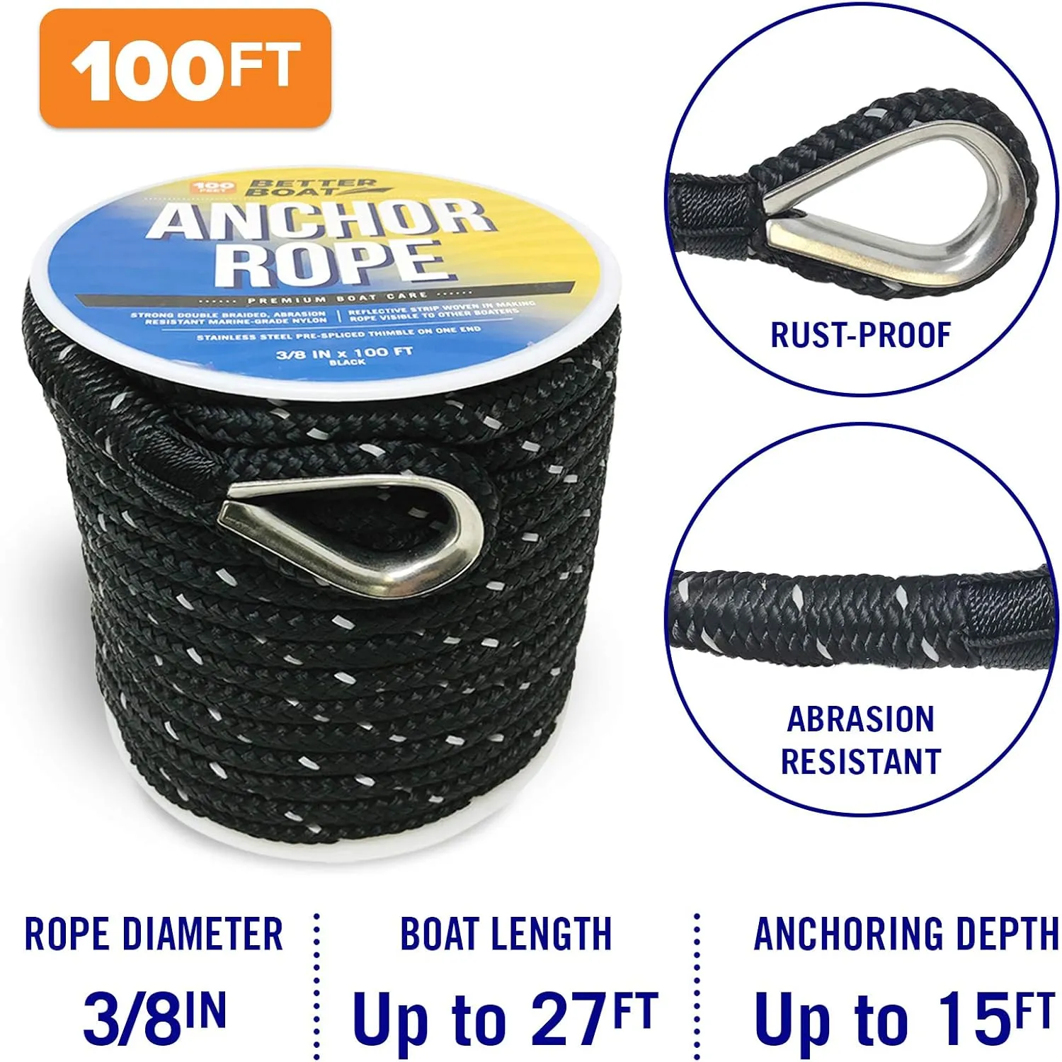 Premium Boat Anchor Rope, 100 Ft Double Braided Black Nylon Marine Line, 3/8 Inch Reel for Anchors and Boats