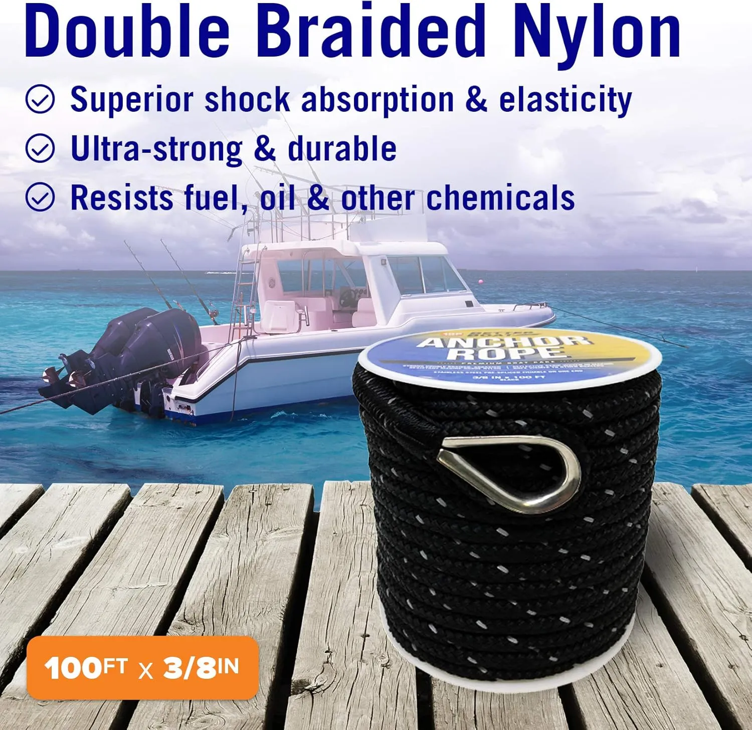 Premium Boat Anchor Rope, 100 Ft Double Braided Black Nylon Marine Line, 3/8 Inch Reel for Anchors and Boats