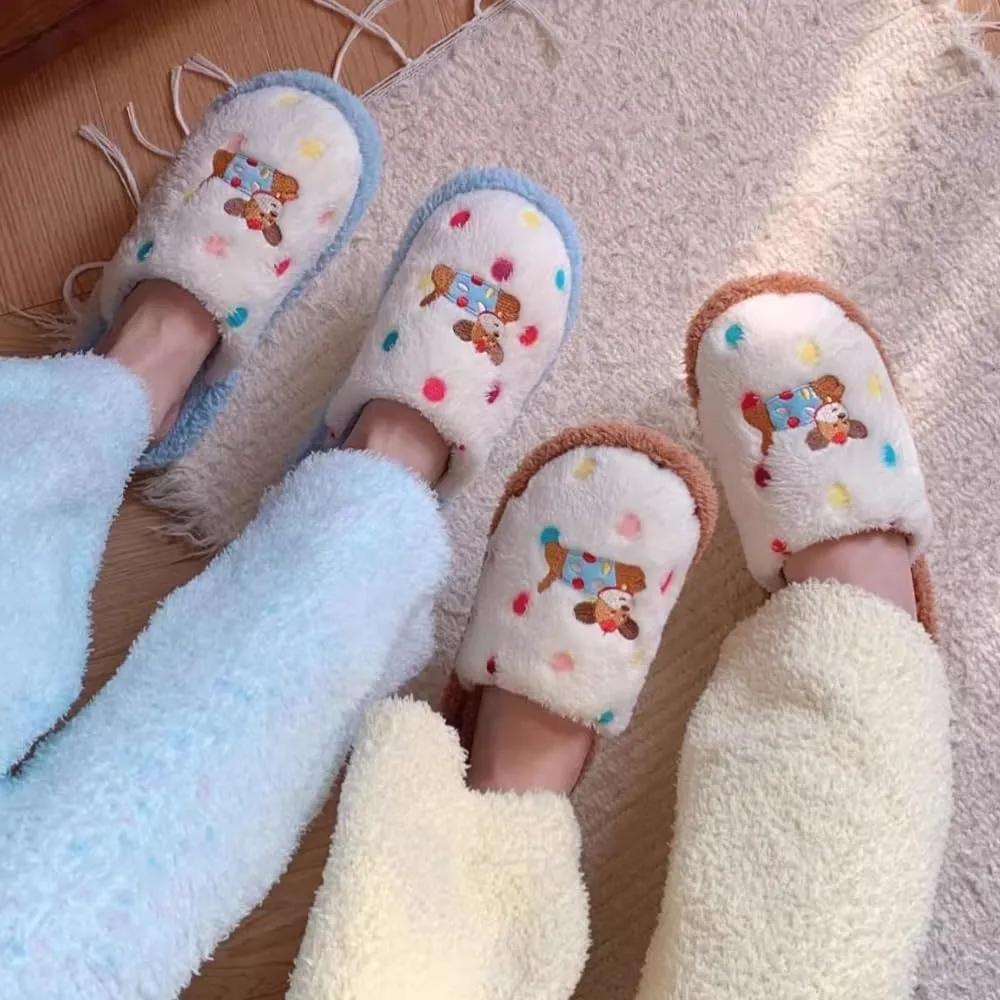 Premium Comfort Colorful Dot Cute Dog Thermal Non Slip Women's Fuzzy House Slippers Indoor Soft Warm Kawaii Home Shoes