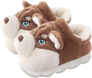 Premium Comfort Thermal Cute Seberian Husky Dog Non Slip Women's Fuzzy House Slippers Indoor Soft Warm Furry Shoes
