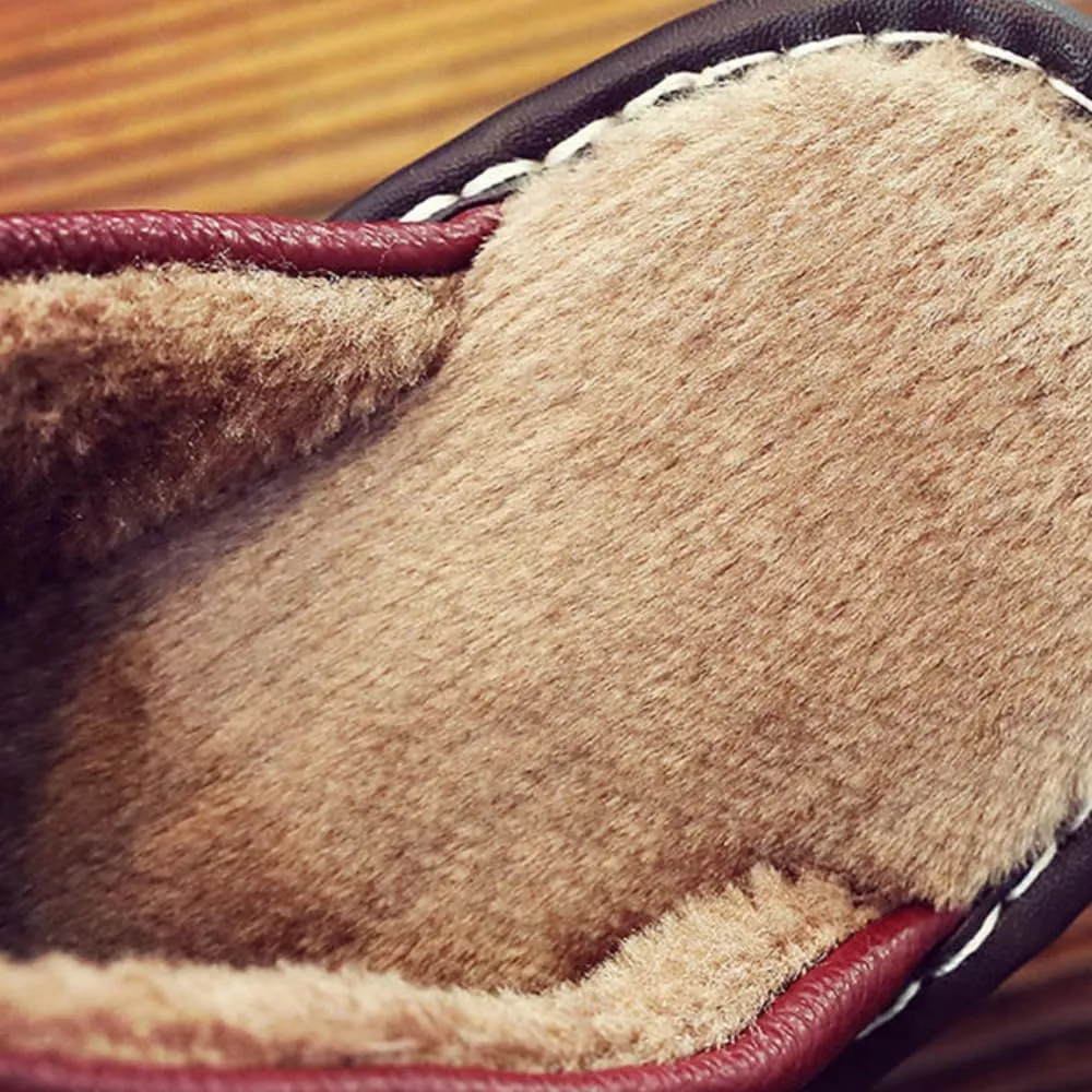 Premium Comfort Thermal Full Leather Non Slip Men's Fuzzy House Slippers Inddor Soft Warm Shoes Furry Sole