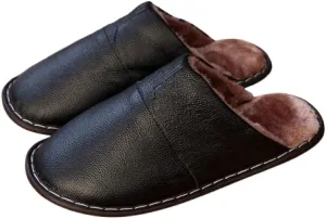 Premium Comfort Thermal Full Leather Non Slip Men's Fuzzy House Slippers Inddor Soft Warm Shoes Furry Sole
