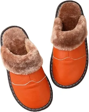 Premium Comfort Thermal Leather Furry Edge Non Slip Women's Fuzzy House Slippers Indoor Soft Warm Shoes With Designs