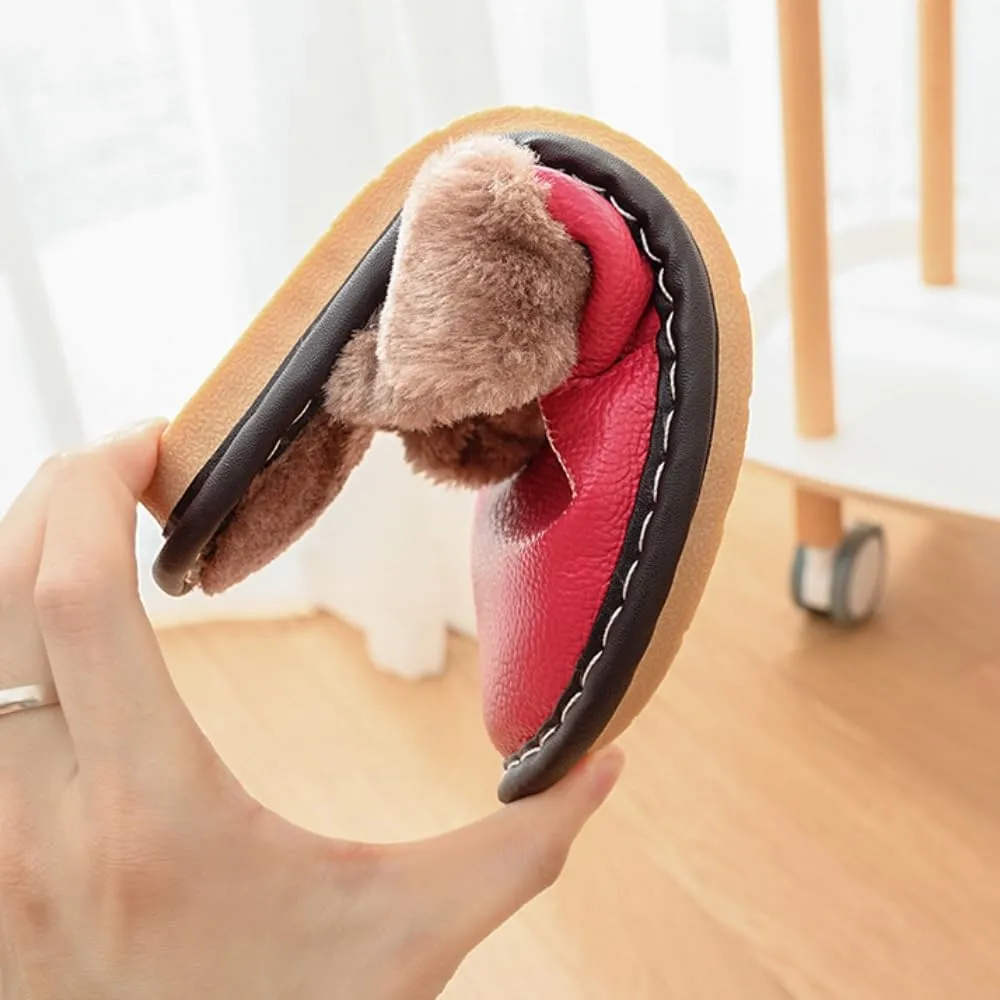 Premium Comfort Thermal Leather Furry Edge Non Slip Women's Fuzzy House Slippers Indoor Soft Warm Shoes With Designs