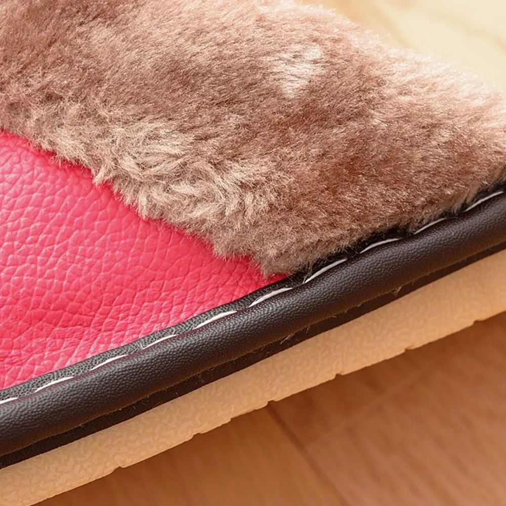 Premium Comfort Thermal Leather Furry Edge Non Slip Women's Fuzzy House Slippers Indoor Soft Warm Shoes With Designs