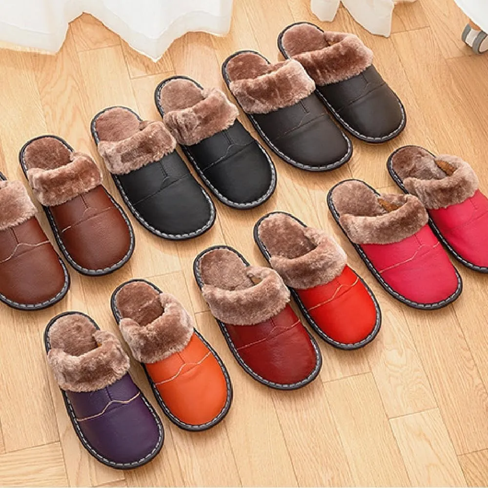 Premium Comfort Thermal Leather Furry Edge Non Slip Women's Fuzzy House Slippers Indoor Soft Warm Shoes With Designs