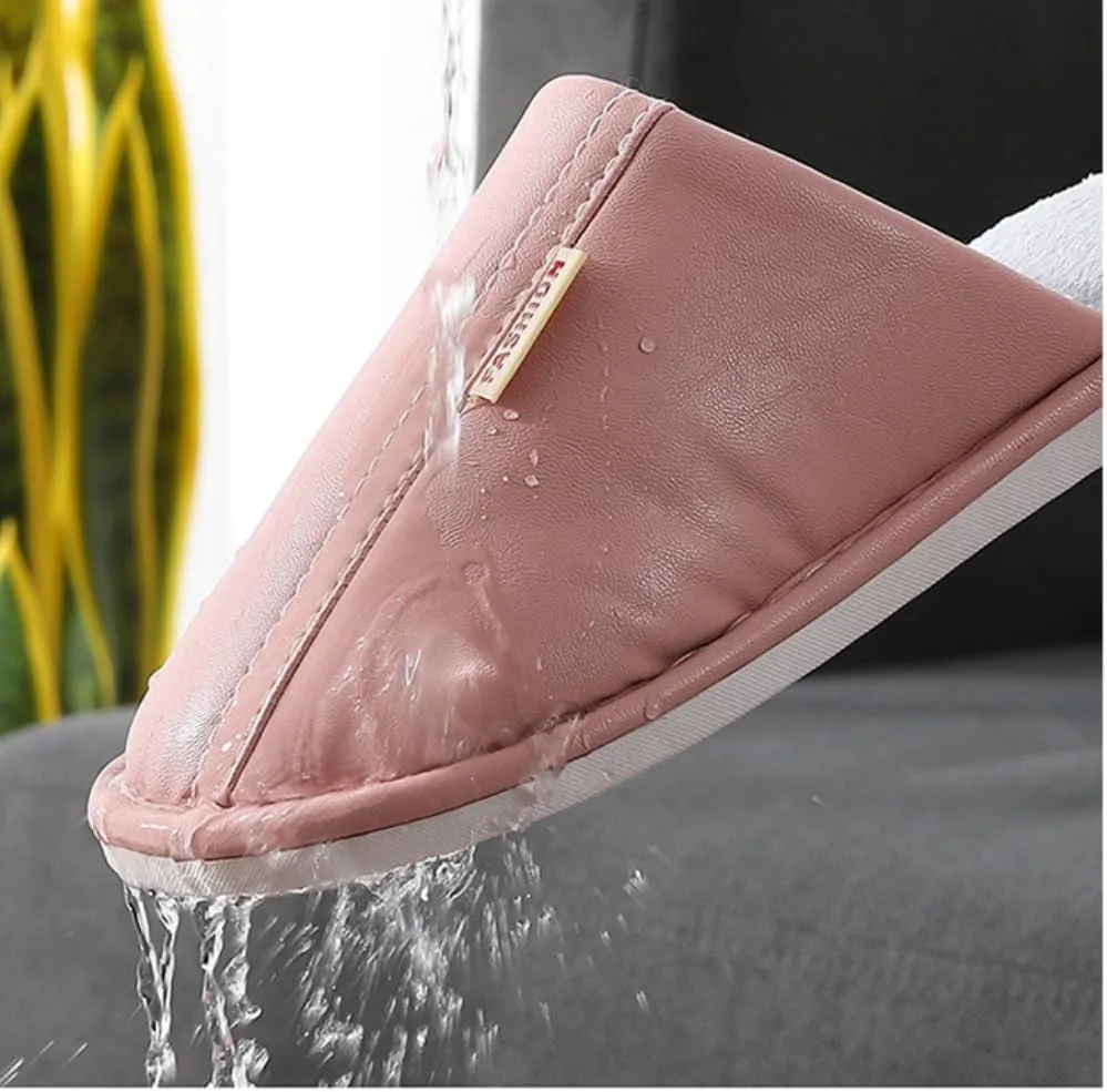 Premium Comfort Thermal Leather Stripes Non Slip Women's Fuzzy House Slippers Indoor Soft Warm Shoes Furry Sole
