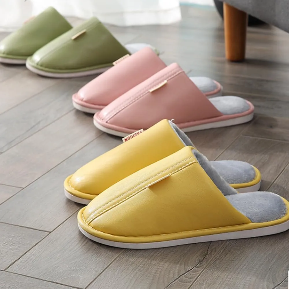 Premium Comfort Thermal Leather Stripes Non Slip Women's Fuzzy House Slippers Indoor Soft Warm Shoes Furry Sole