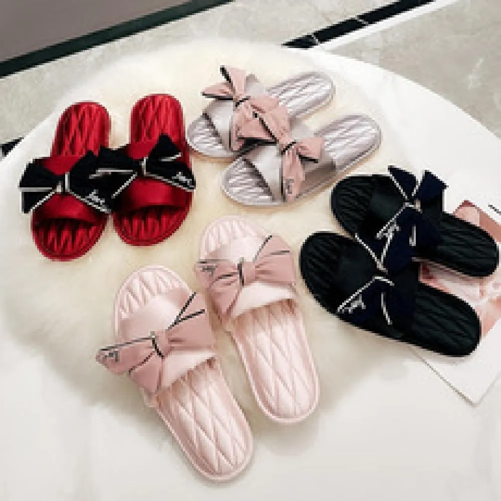 Premium Luxury Satin Silk All Seasons Comfort Bow Love Women's House Slippers Non Slip Indoor Soft Home Slip On Shoes