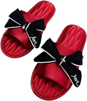 Premium Luxury Satin Silk All Seasons Comfort Bow Love Women's House Slippers Non Slip Indoor Soft Home Slip On Shoes