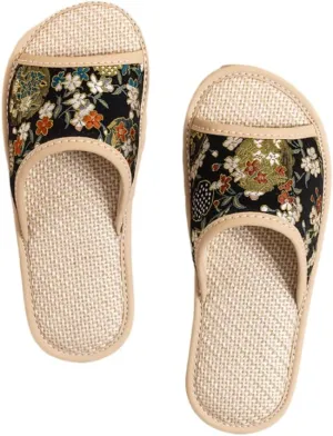 Premium Luxury Satin Silk Royal Flowers All Seasons Comfort Women's House Linen Slippers Indoor Soft Home Slip On Shoes