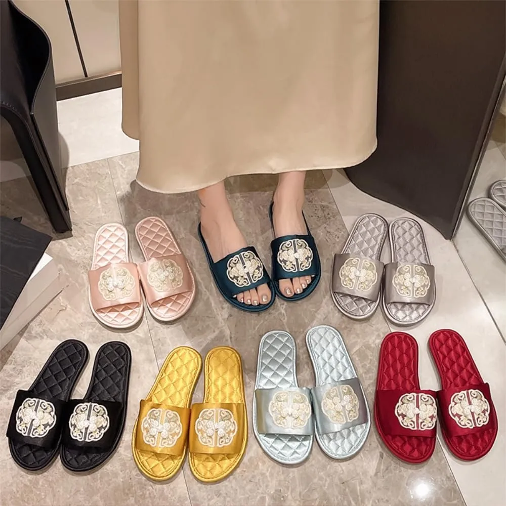 Premium Luxury Satin Silk Vintage Embroidery All Seasons Comfort Women's House Slippers Non Slip Indoor Soft Home Slip On Shoes