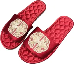Premium Luxury Satin Silk Vintage Embroidery All Seasons Comfort Women's House Slippers Non Slip Indoor Soft Home Slip On Shoes