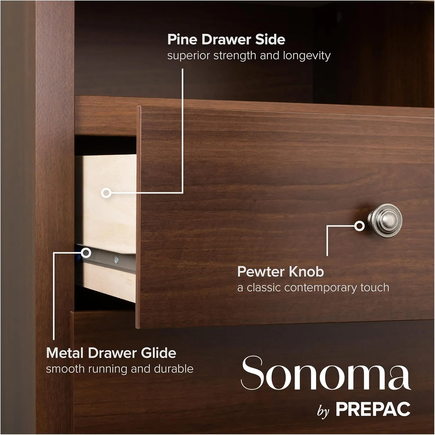 Prepac Sonoma Traditional 5-Drawer Tall Dresser for Bedroom, Functional Bedroom Dresser Chest of Drawers 17.75" D x 31.5" W x 44.75" H, Cherry