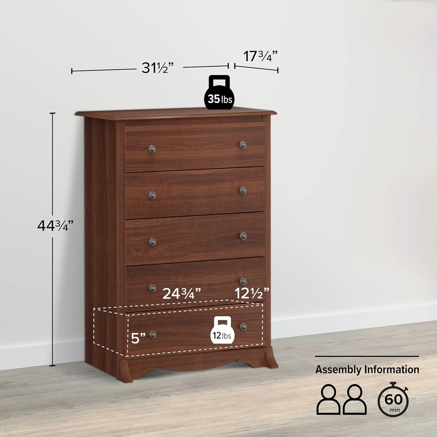 Prepac Sonoma Traditional 5-Drawer Tall Dresser for Bedroom, Functional Bedroom Dresser Chest of Drawers 17.75" D x 31.5" W x 44.75" H, Cherry