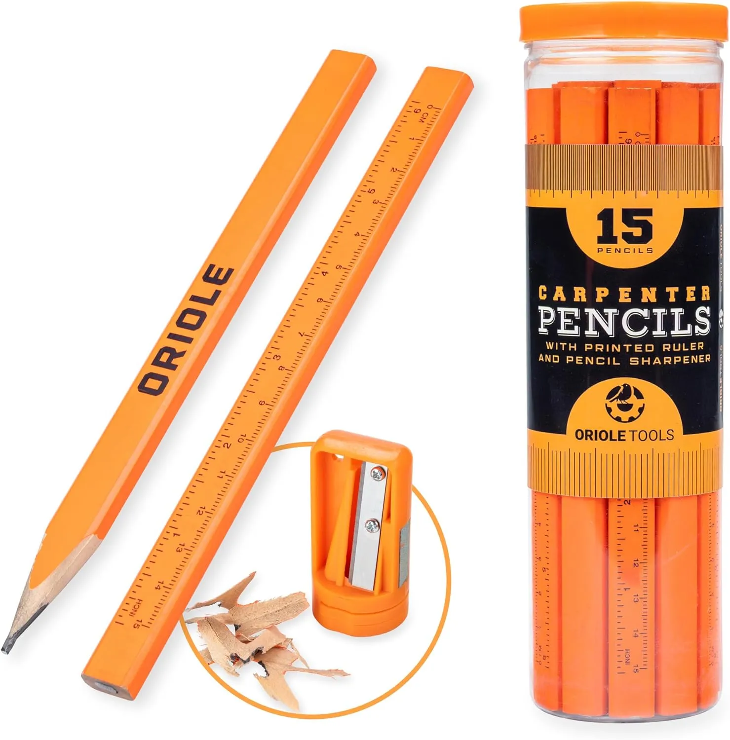 Professional Carpenter Pencils Kit with Storage: 15 Flat Pencils, Sharpener, Durable PVC Container - For Construction, Contractors, and Carpenters