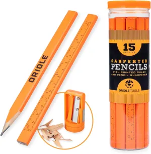 Professional Carpenter Pencils Kit with Storage: 15 Flat Pencils, Sharpener, Durable PVC Container - For Construction, Contractors, and Carpenters