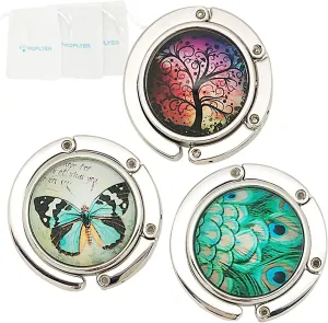 Purse Hook Set of 3 - Butterfly,Wish Tree,Peacock Foldable Handbag Hanger Safer Cleaner Bag, Fold Up for Easy Storage,Folding Table Hanger, with Velvet Pouch