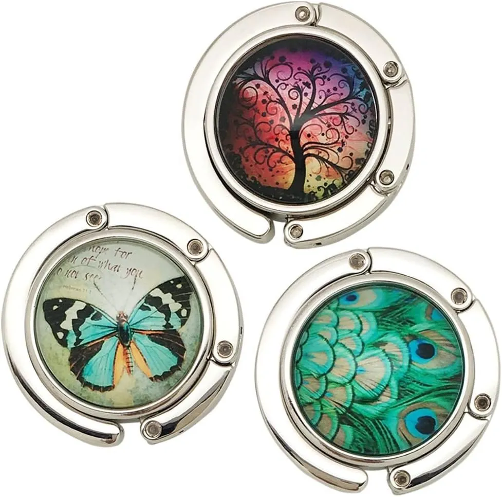 Purse Hook Set of 3 - Butterfly,Wish Tree,Peacock Foldable Handbag Hanger Safer Cleaner Bag, Fold Up for Easy Storage,Folding Table Hanger, with Velvet Pouch