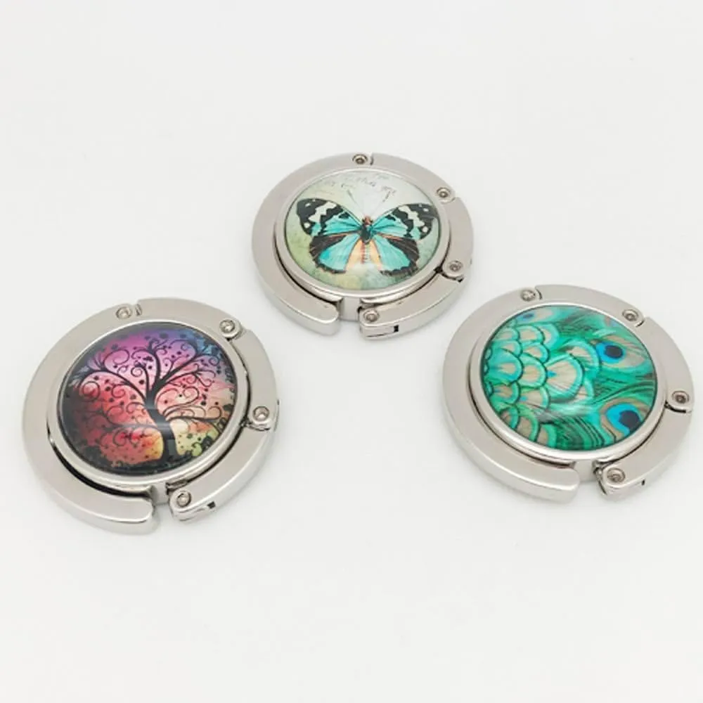 Purse Hook Set of 3 - Butterfly,Wish Tree,Peacock Foldable Handbag Hanger Safer Cleaner Bag, Fold Up for Easy Storage,Folding Table Hanger, with Velvet Pouch