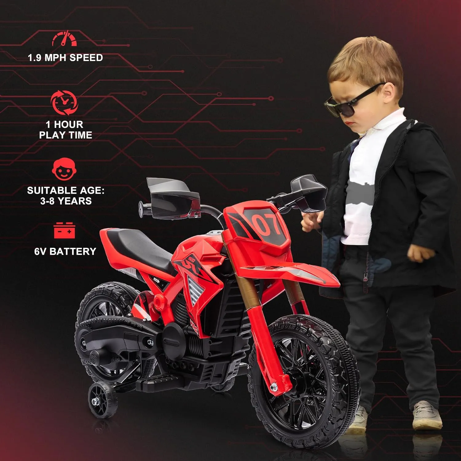 Qaba Kids Motorcycle, 6V Battery Powered Dirt Bike with Training Wheels, Horn & Start Sound, Electric Motorbike for Kids 3-8 Years, Red