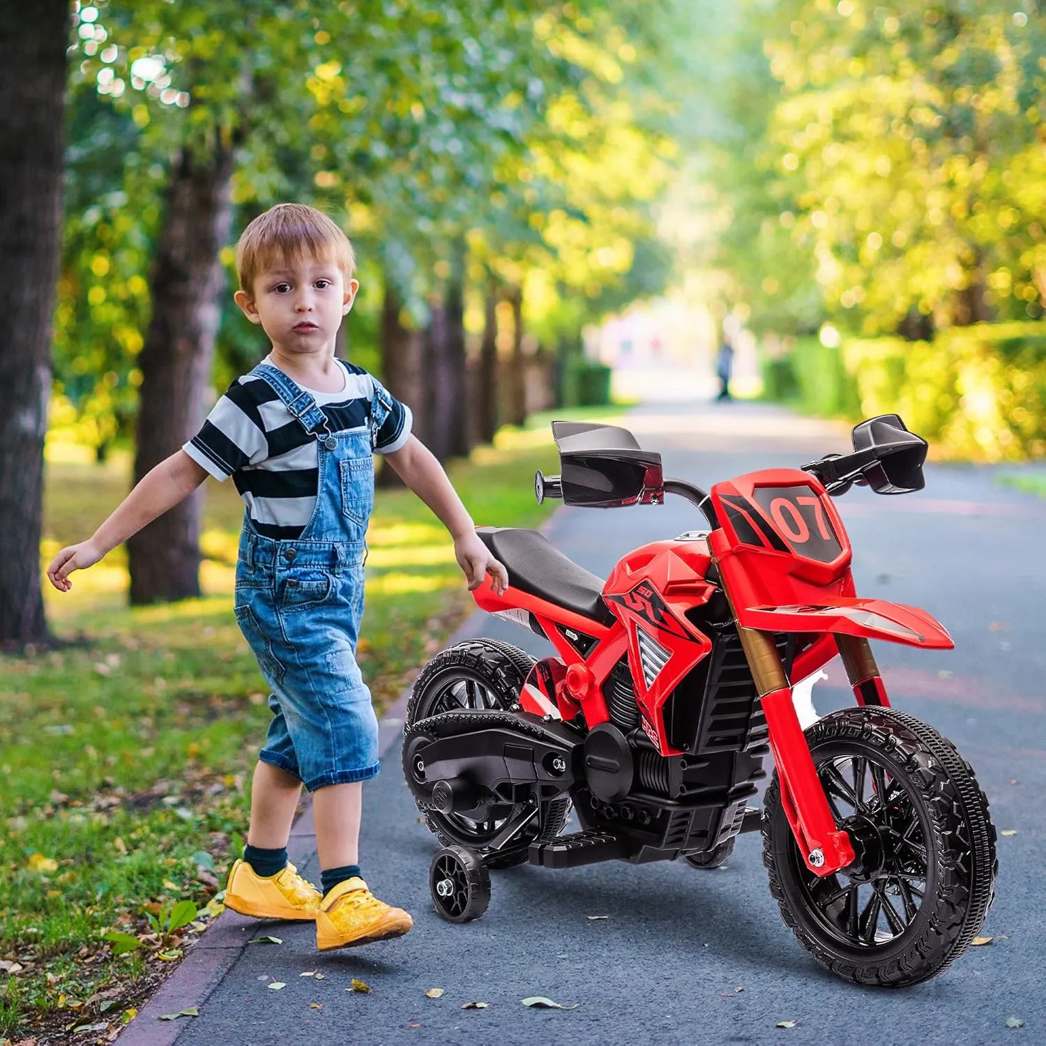 Qaba Kids Motorcycle, 6V Battery Powered Dirt Bike with Training Wheels, Horn & Start Sound, Electric Motorbike for Kids 3-8 Years, Red