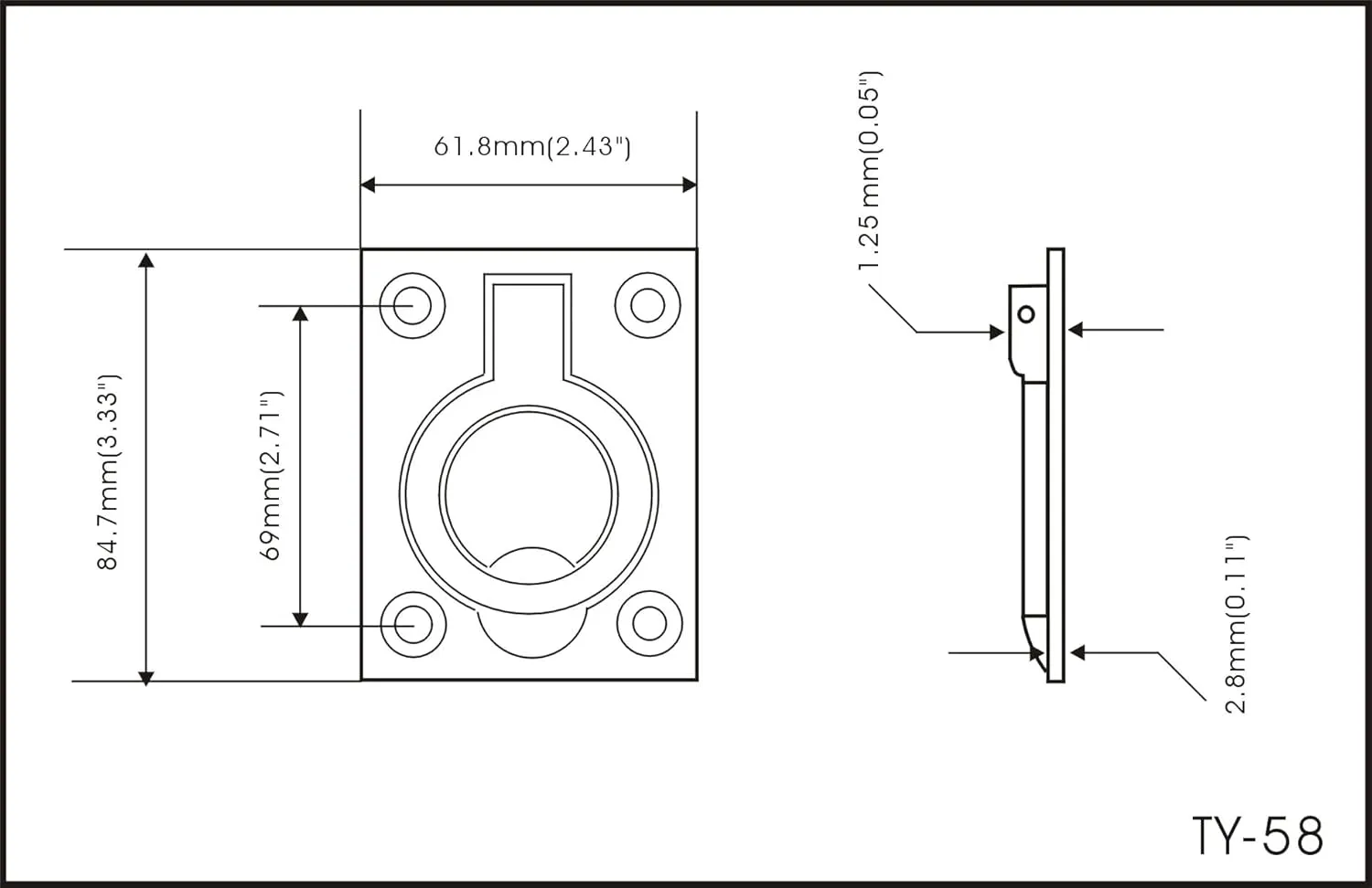 QCAA Solid Brass Large Heavy Rectangular Recessed Flush Ring Pull, 3-5/16"x 2-7/16", Classic Bronze, Made in Taiwan, 2 Pack