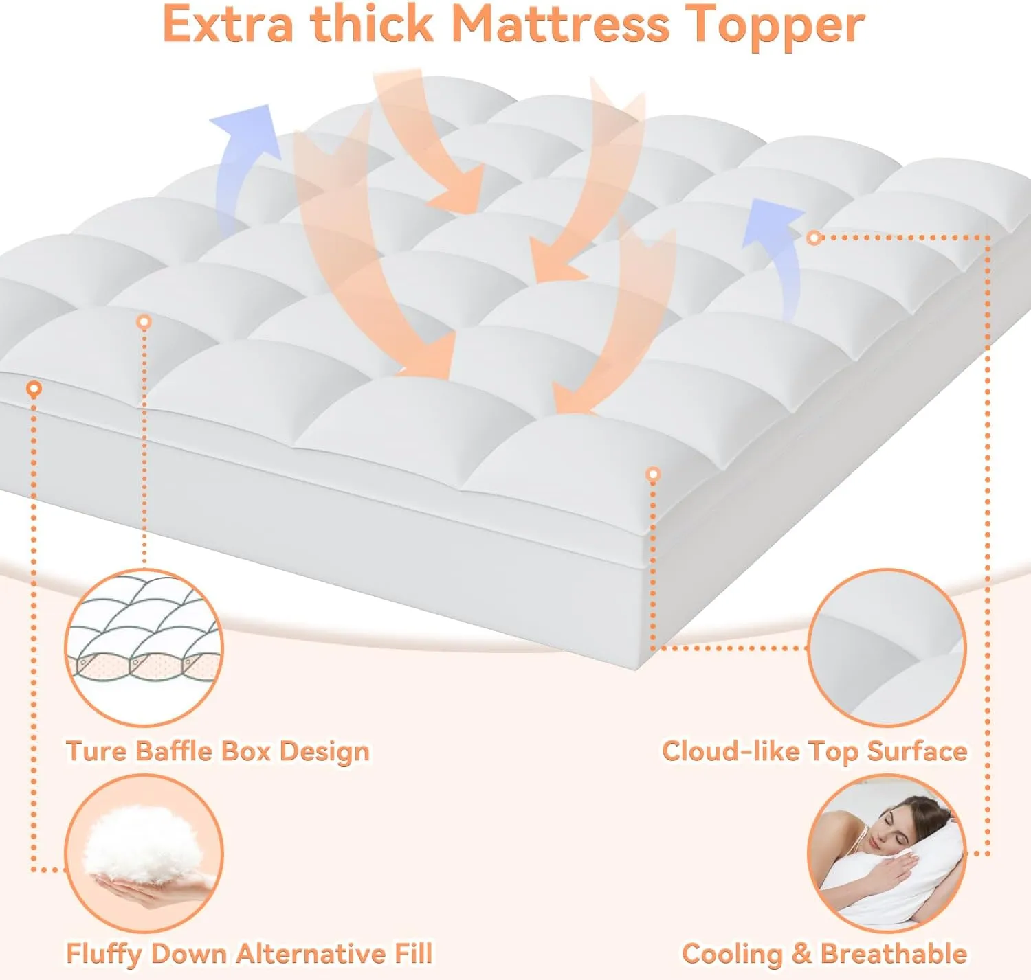 Queen Mattress Topper for Back Pain, Extra Thick Pillow Top Mattress Pad Cover with 8-21 Inch Deep Pocket, Soft Mattress Protector Overfilled Down Alternative (White, Queen)