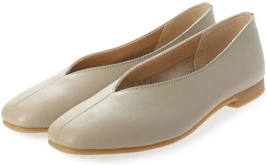 Recipe RP-267 Slip-on Shoes, V-Cut, Square Toe Pumps, Genuine Leather, Low Heel, Flat, Women's, Easy to Walk, Painless, Black