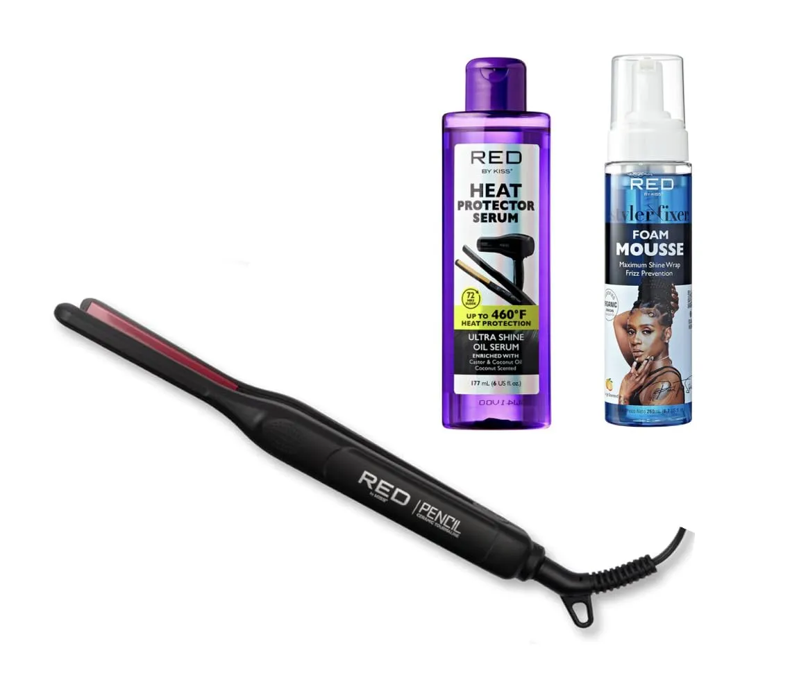 Red by Kiss 0.3in Pencil Flat Iron with Heat Protector and Foaming Mousse