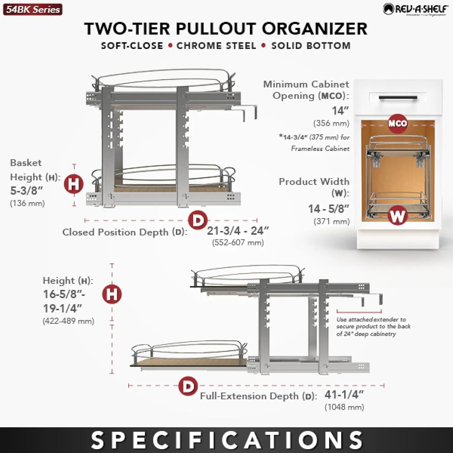 Rev-A-Shelf 2 Tier Pull Out Kitchen Cabinet Storage Organizer with Solid Bottom & Undermount Soft-Close Full Extension Slides, 54BK-15SC-2-1