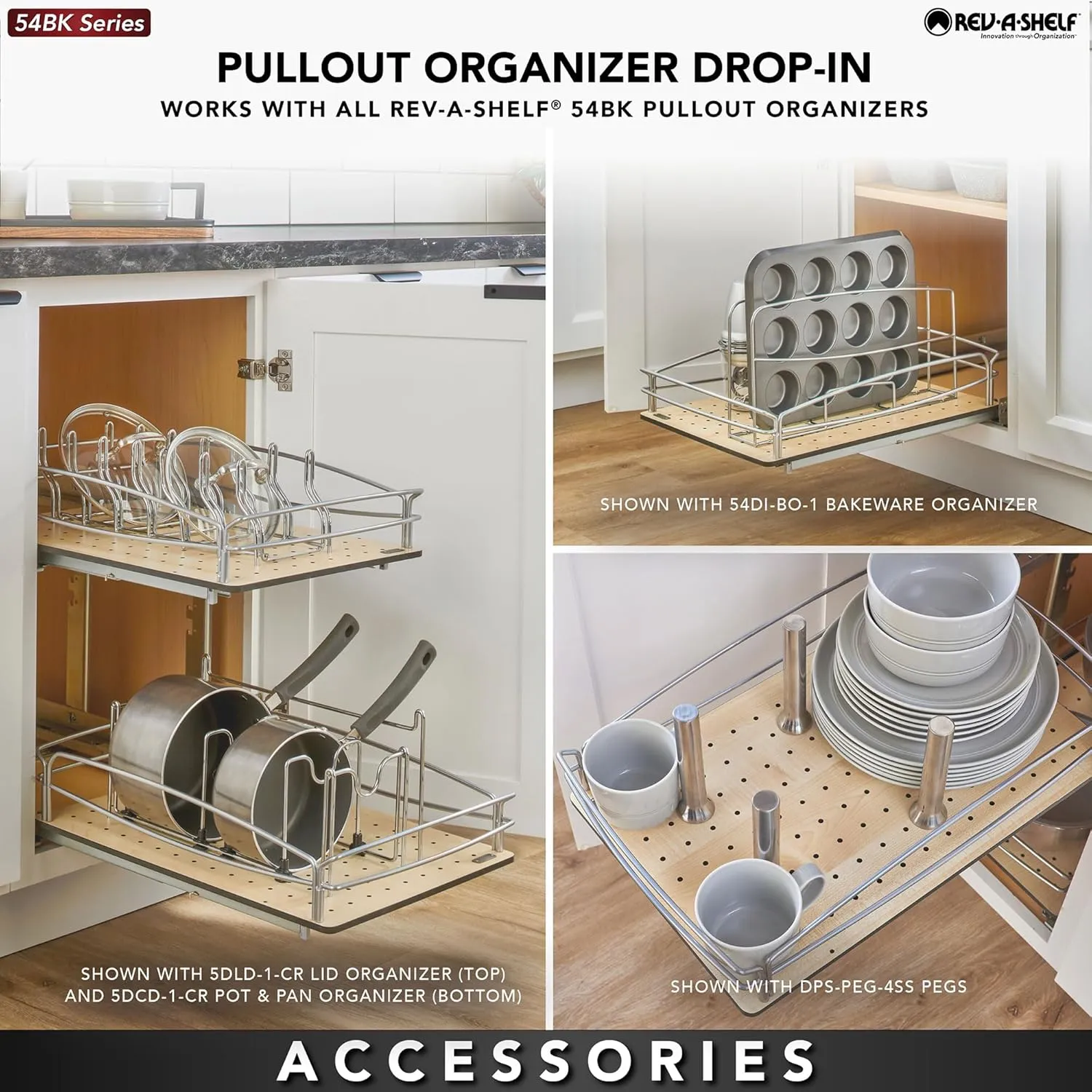 Rev-A-Shelf 2 Tier Pull Out Kitchen Cabinet Storage Organizer with Solid Bottom & Undermount Soft-Close Full Extension Slides, 54BK-15SC-2-1