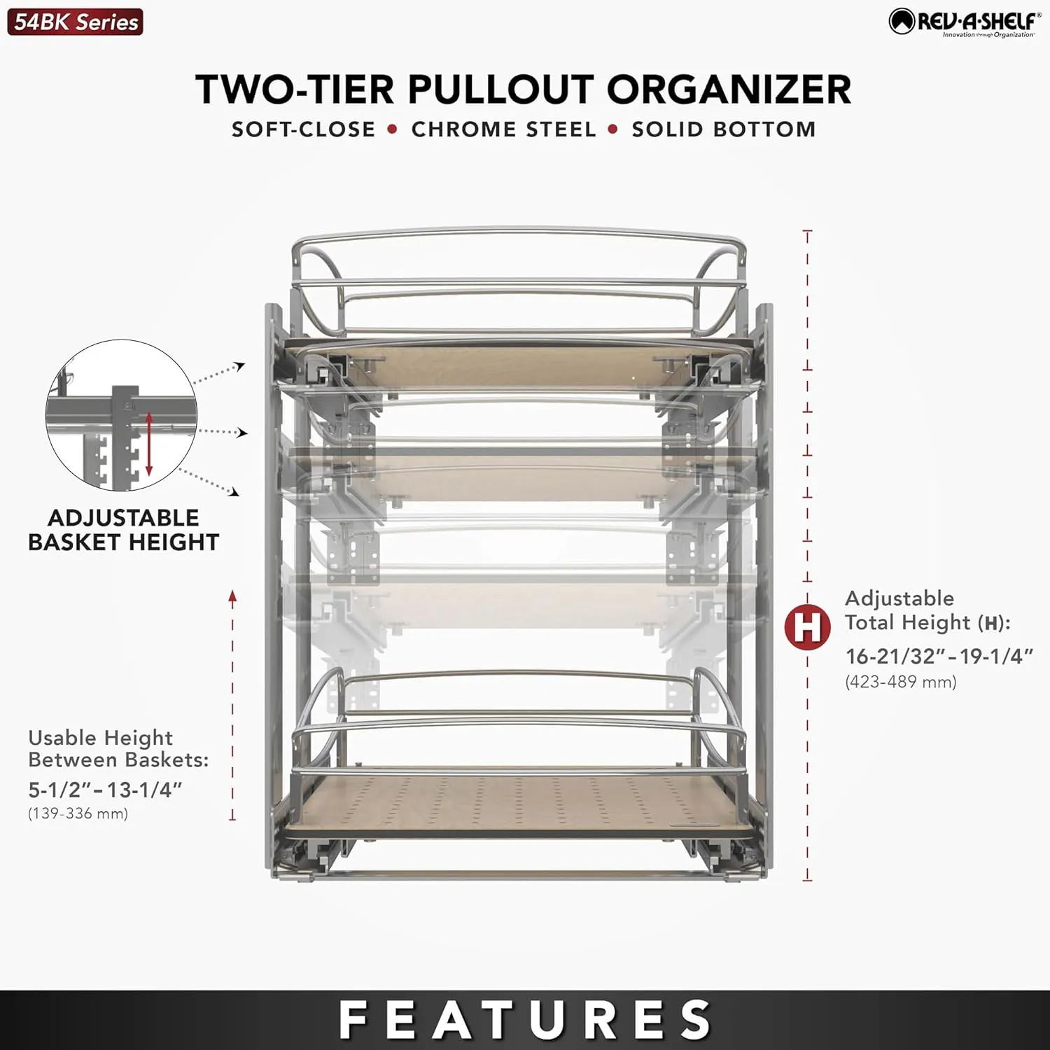 Rev-A-Shelf 2 Tier Pull Out Kitchen Cabinet Storage Organizer with Solid Bottom & Undermount Soft-Close Full Extension Slides, 54BK-15SC-2-1