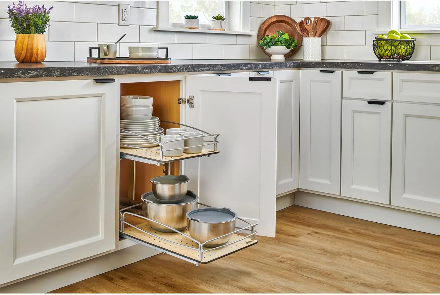 Rev-A-Shelf 2 Tier Pull Out Kitchen Cabinet Storage Organizer with Solid Bottom & Undermount Soft-Close Full Extension Slides, 54BK-15SC-2-1