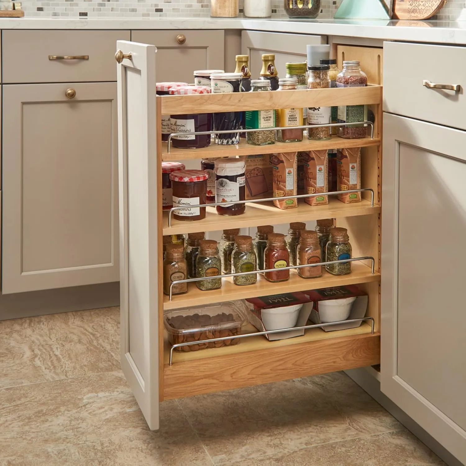 Rev-A-Shelf 7.25" Pullout Storage Organizer for Base Kitchen/Bathroom Cabinets w/Soft-Close Full Extension Slides & Adjustable Shelves, 448-BCSC-6C