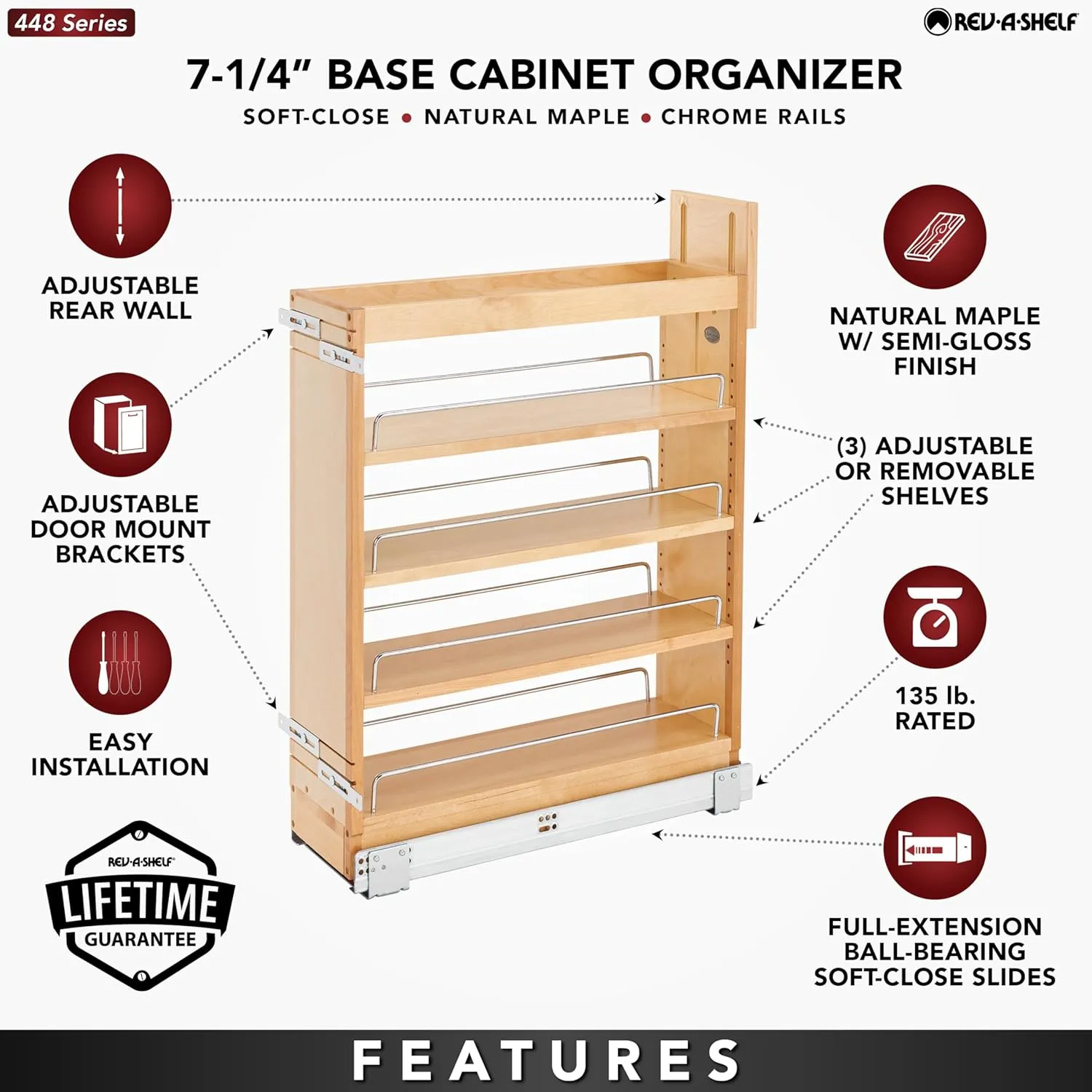 Rev-A-Shelf 7.25" Pullout Storage Organizer for Base Kitchen/Bathroom Cabinets w/Soft-Close Full Extension Slides & Adjustable Shelves, 448-BCSC-6C