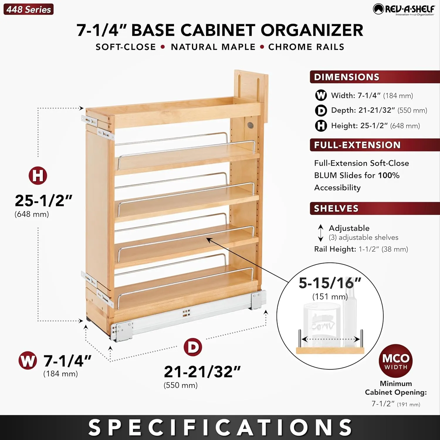 Rev-A-Shelf 7.25" Pullout Storage Organizer for Base Kitchen/Bathroom Cabinets w/Soft-Close Full Extension Slides & Adjustable Shelves, 448-BCSC-6C