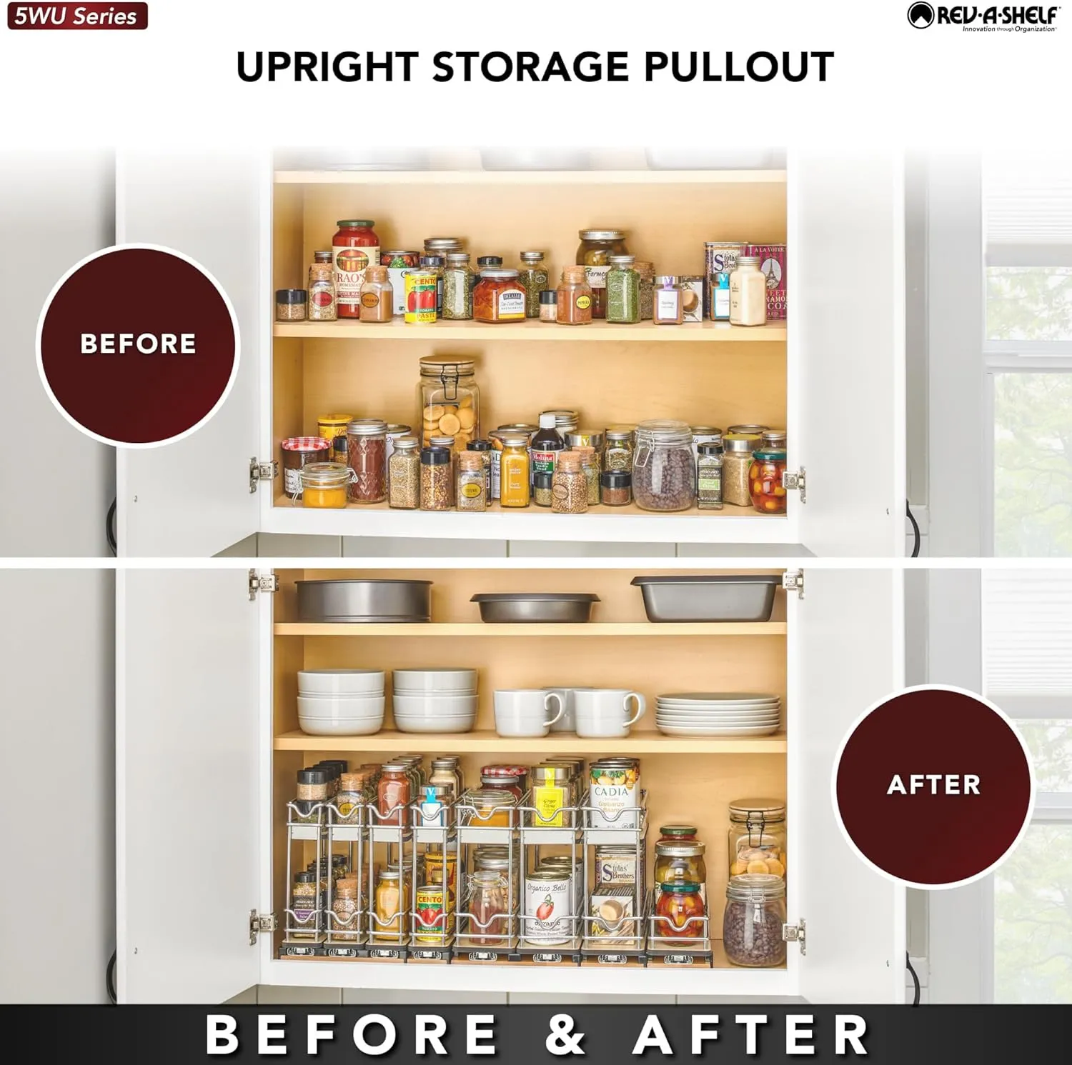 Rev-A-Shelf 9" Pullout Organizer for Cabinets, 2 Tier Triple Narrow Upright Shelf, 5WU2-9N3-1