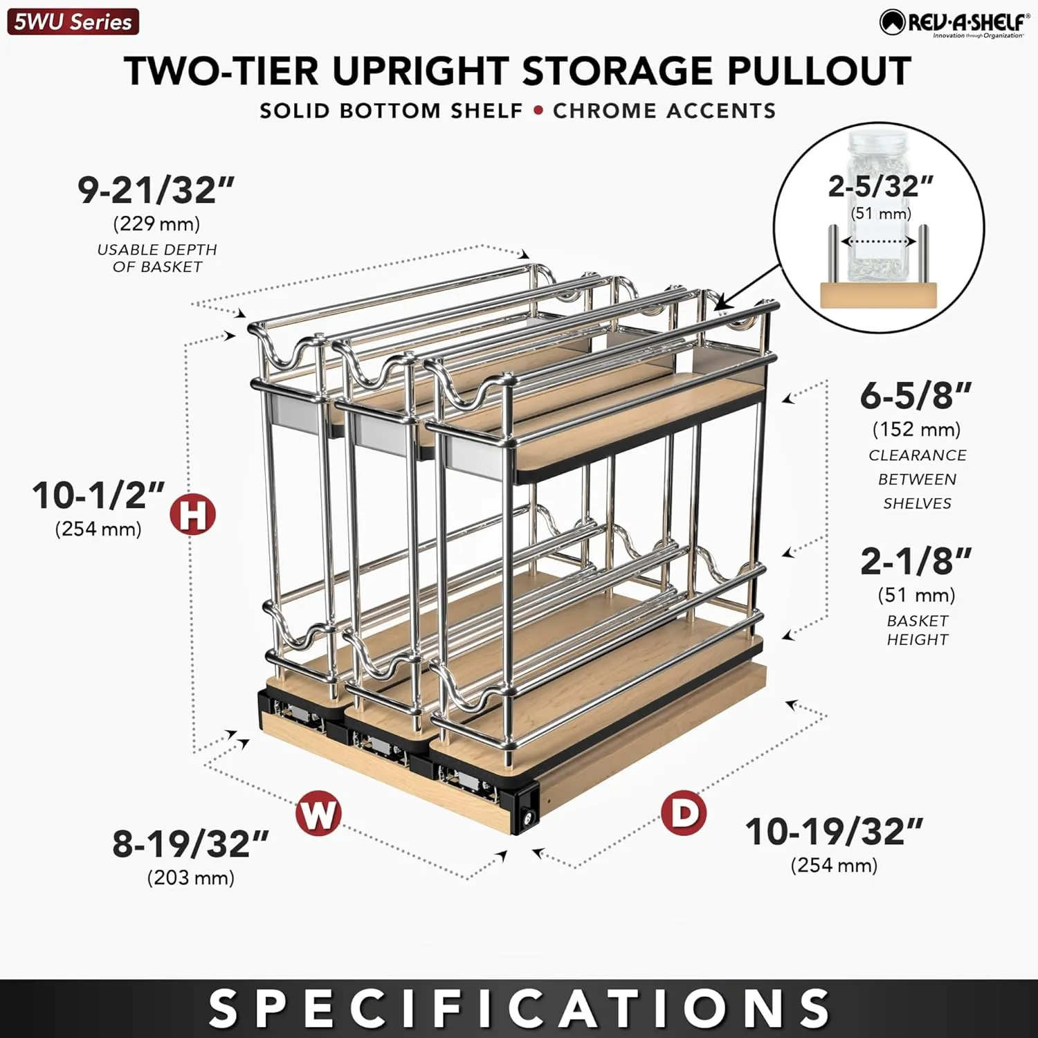 Rev-A-Shelf 9" Pullout Organizer for Cabinets, 2 Tier Triple Narrow Upright Shelf, 5WU2-9N3-1