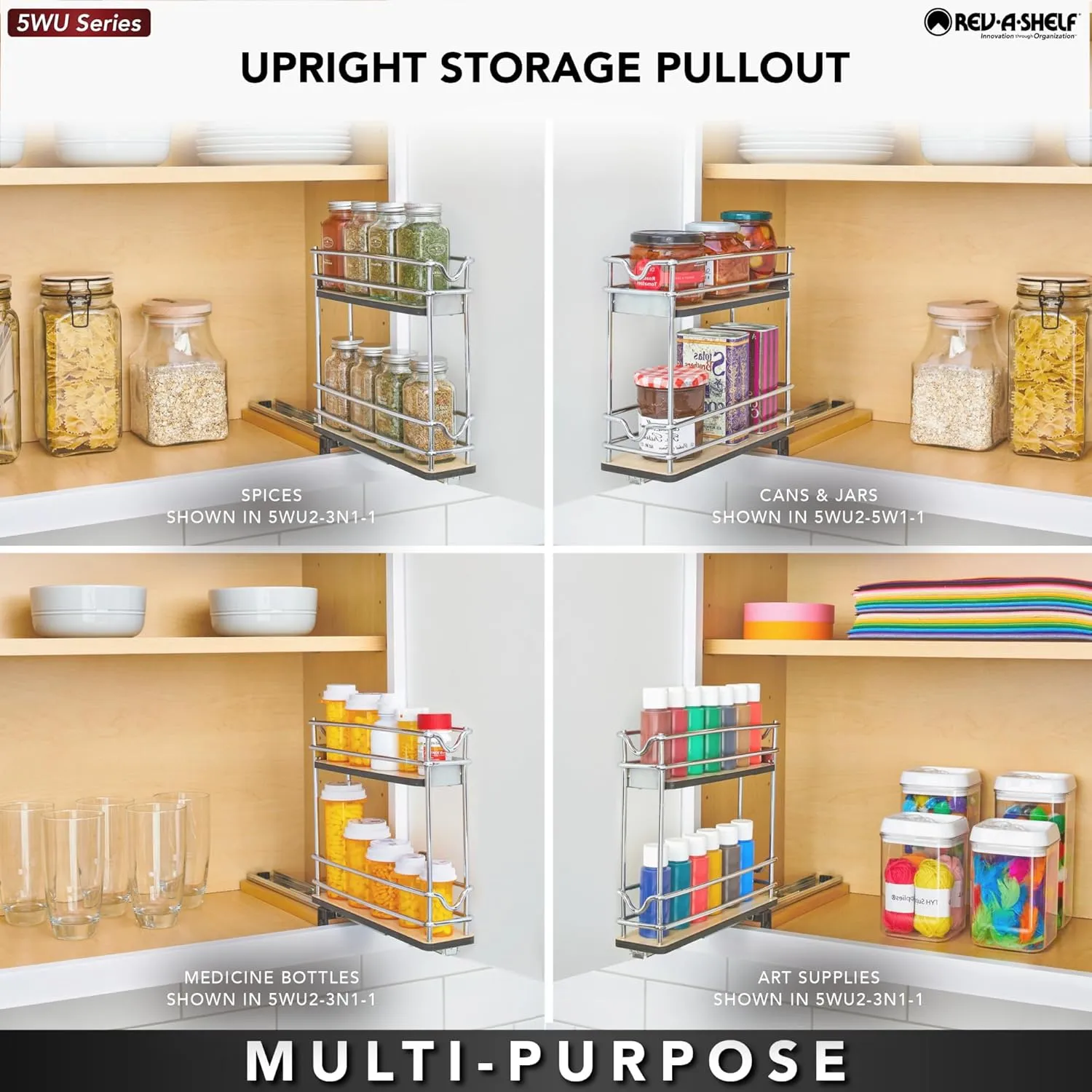 Rev-A-Shelf 9" Pullout Organizer for Cabinets, 2 Tier Triple Narrow Upright Shelf, 5WU2-9N3-1