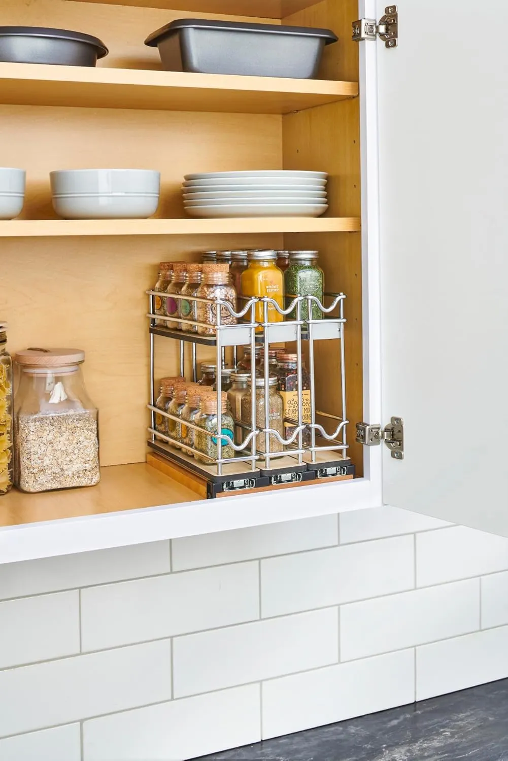 Rev-A-Shelf 9" Pullout Organizer for Cabinets, 2 Tier Triple Narrow Upright Shelf, 5WU2-9N3-1