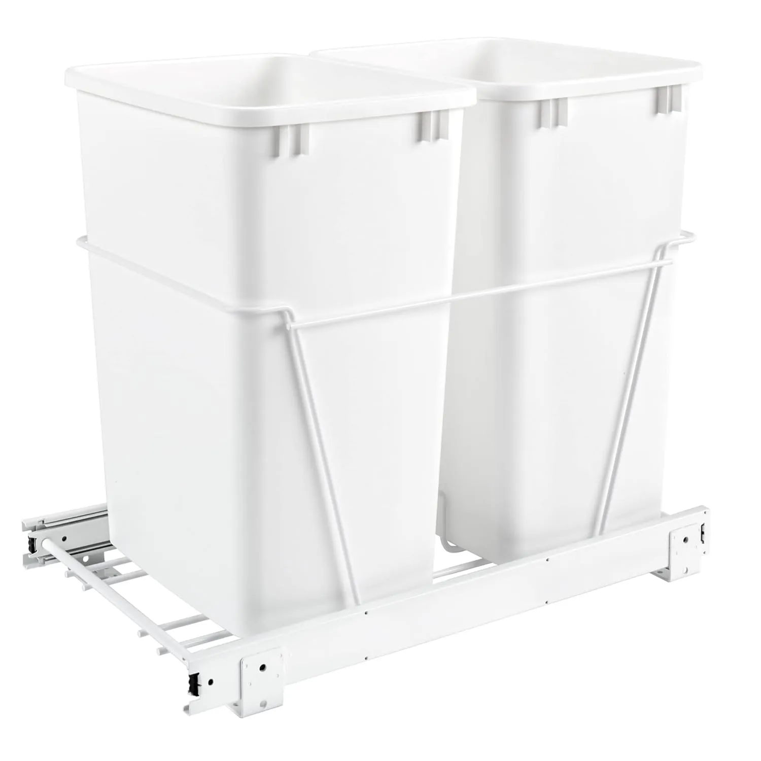 Rev-A-Shelf Double Pullout 35 Qt Sliding Waste Bin Trash Container for Base Kitchen Cabinet, Wire Frame with Ball Bearings, White, RV-18PB-2 S