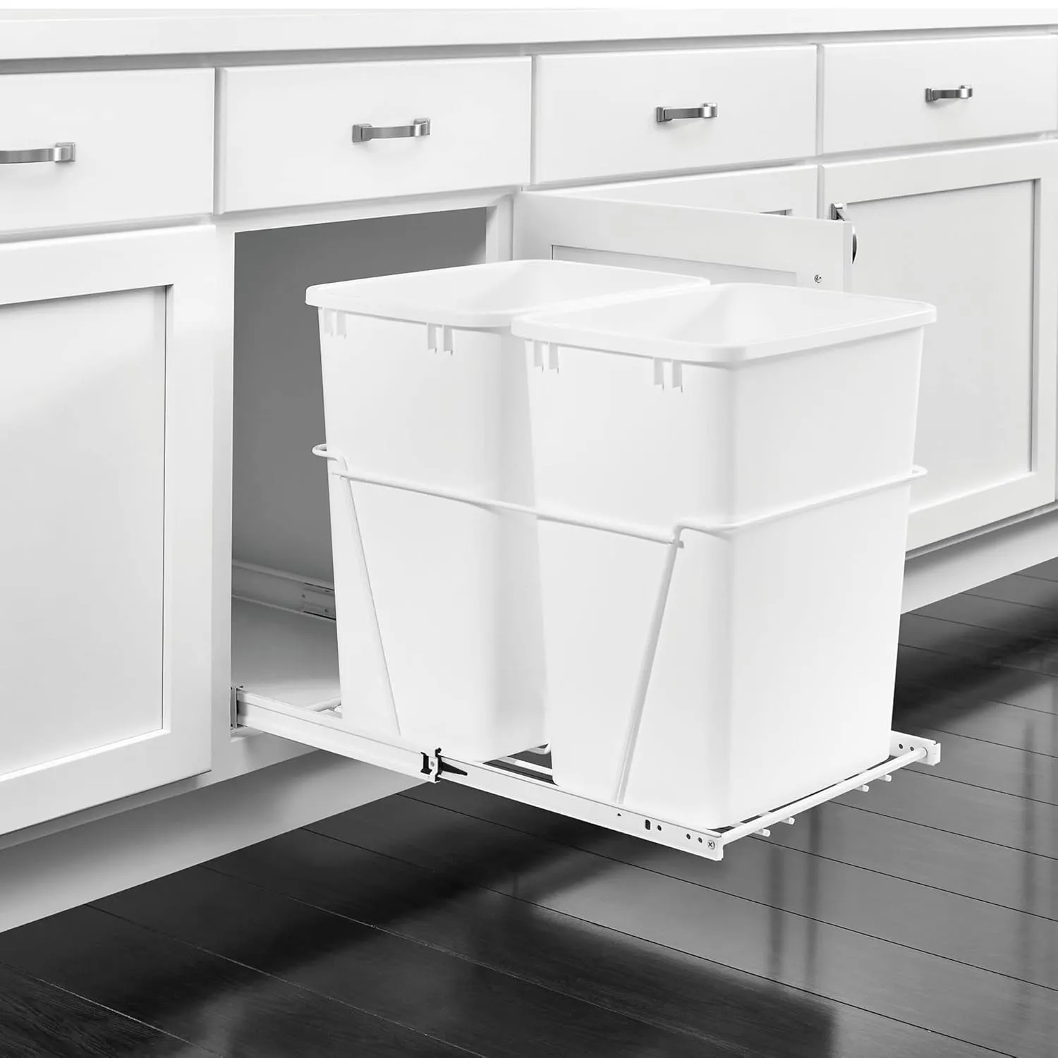 Rev-A-Shelf Double Pullout 35 Qt Sliding Waste Bin Trash Container for Base Kitchen Cabinet, Wire Frame with Ball Bearings, White, RV-18PB-2 S