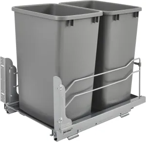 Rev-A-Shelf Double Pullout Trash Cans for Under Kitchen Cabinets 35 Quart 8.75 Gallon with Soft-Close Slides, Metallic Silver, 53WC-1835SCDM-217